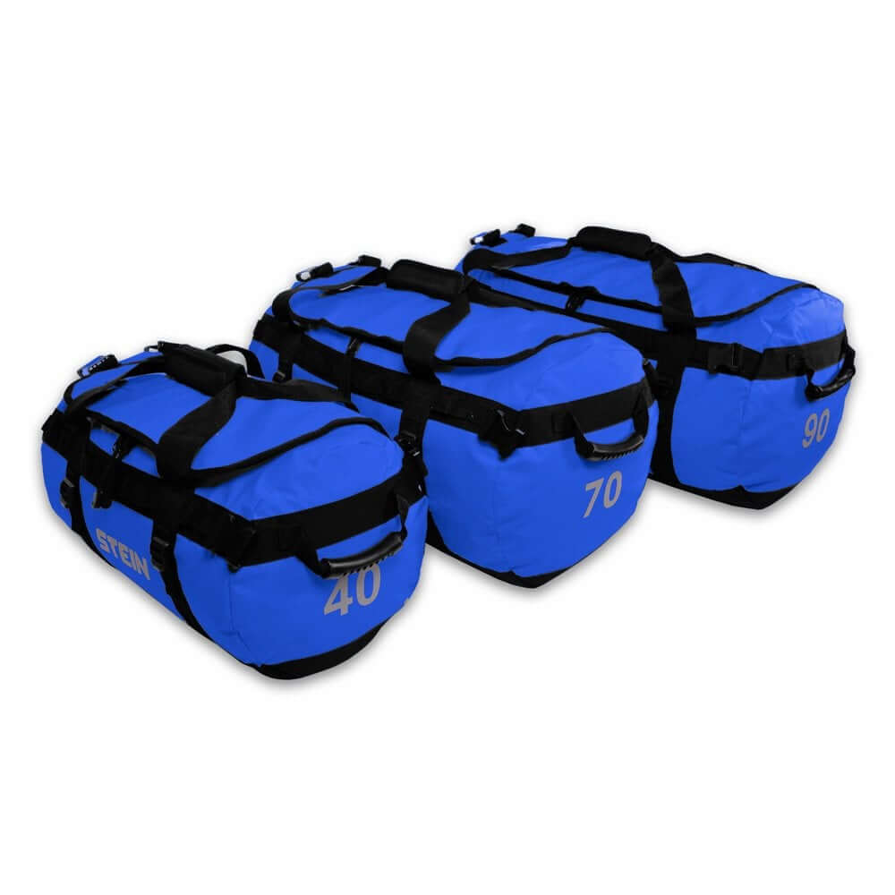 Stein Metro Climbing Gear Kitbags in blue, sizes 40L, 70L, and 90L, ideal for tree surgeons and gear transport.