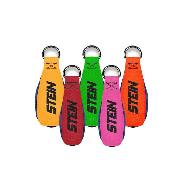 A collection of Stein SkyShot Pro throw bags in various colors, each featuring a nickel-plated D-ring and labeled with the brand name 'STEIN'.