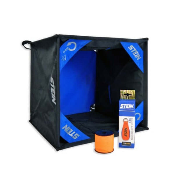 A Stein Cube Throwline Kit with a blue and black storage cube, an orange throwline, and a throw weight.