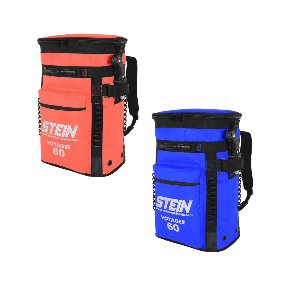 Stein VOYAGER 60 Climbing Kit Storage Bags in orange and blue, designed for tree surgeons and climbing enthusiasts.