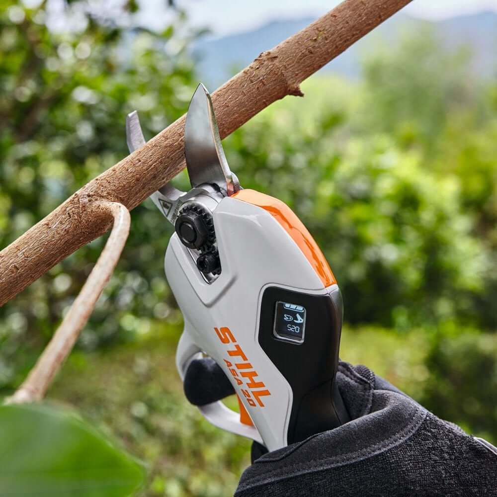STIHL ASA 20 Cordless Secateurs effortlessly pruning a tree branch in a lush garden setting.