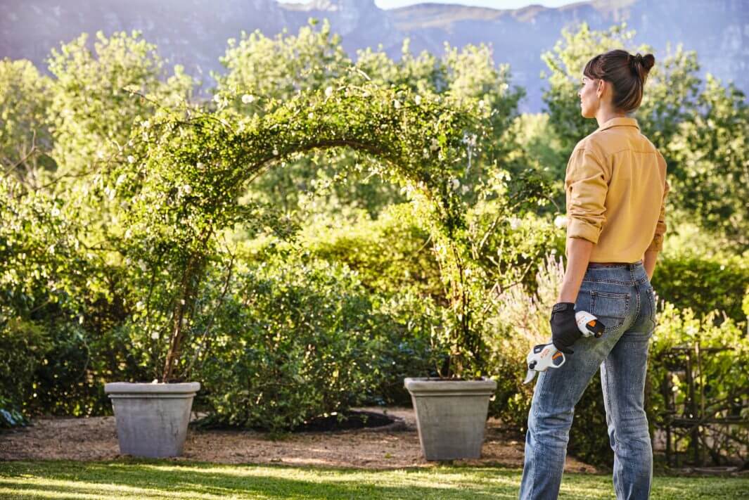 Woman holding STIHL ASA 20 cordless secateurs in garden, ideal for tree surgery and precision pruning.