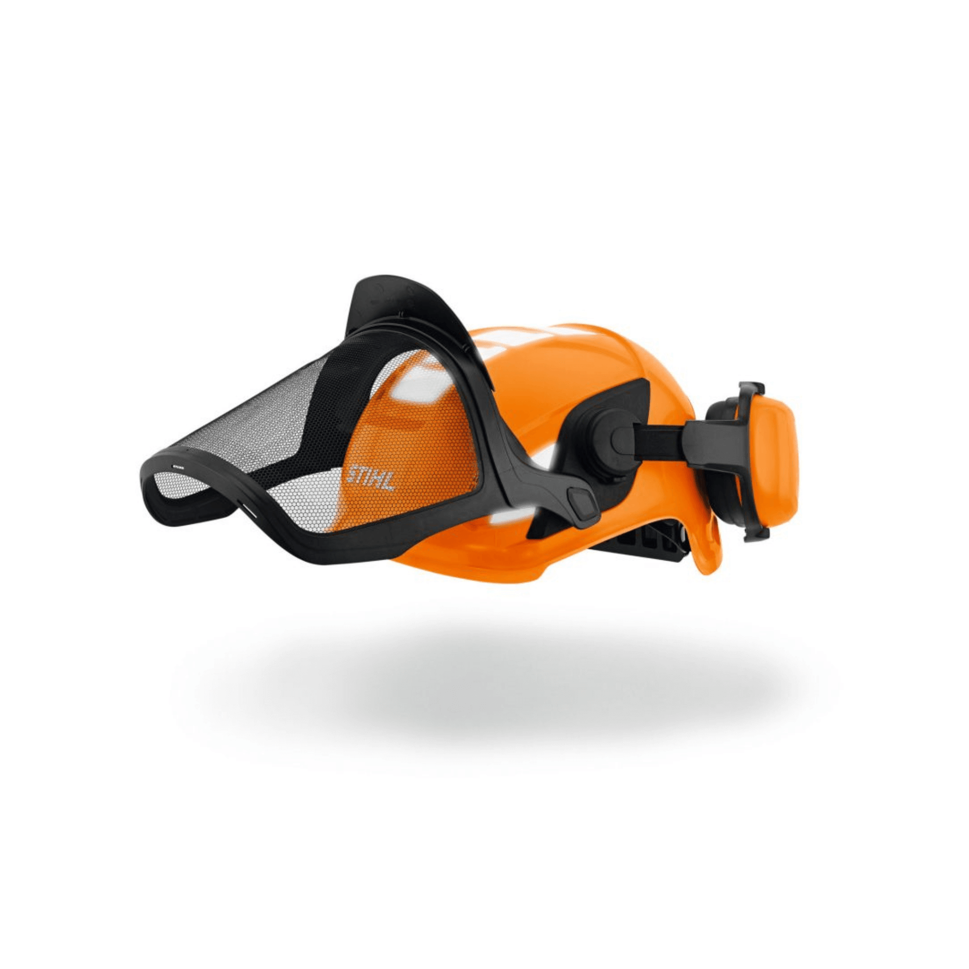 STIHL Advance X-Vent Chainsaw Helmet with stainless steel mesh visor and ear defenders, ideal for tree surgeons.