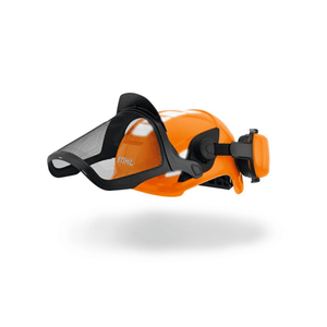 STIHL Advance X-Vent Chainsaw Helmet with stainless steel mesh visor and ear defenders, ideal for tree surgeons.