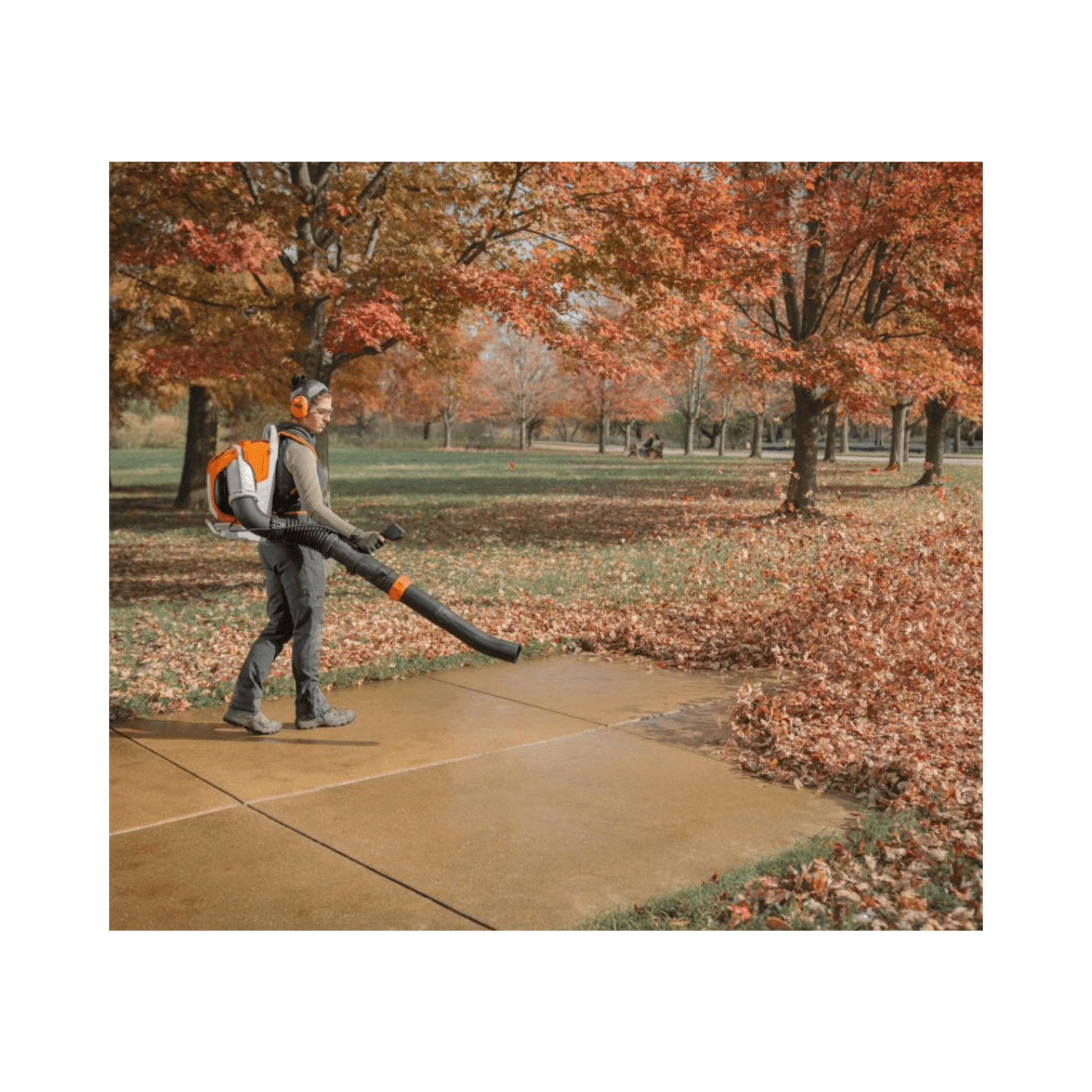 Person using a BRA 600 Cordless Backpack Leaf Blower in a park, clearing leaves on a sidewalk.