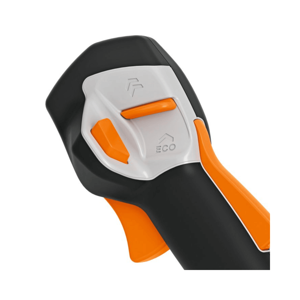 Detailed view of the control handle of the FSA 80 Cordless Trimmer showcasing buttons and grips.