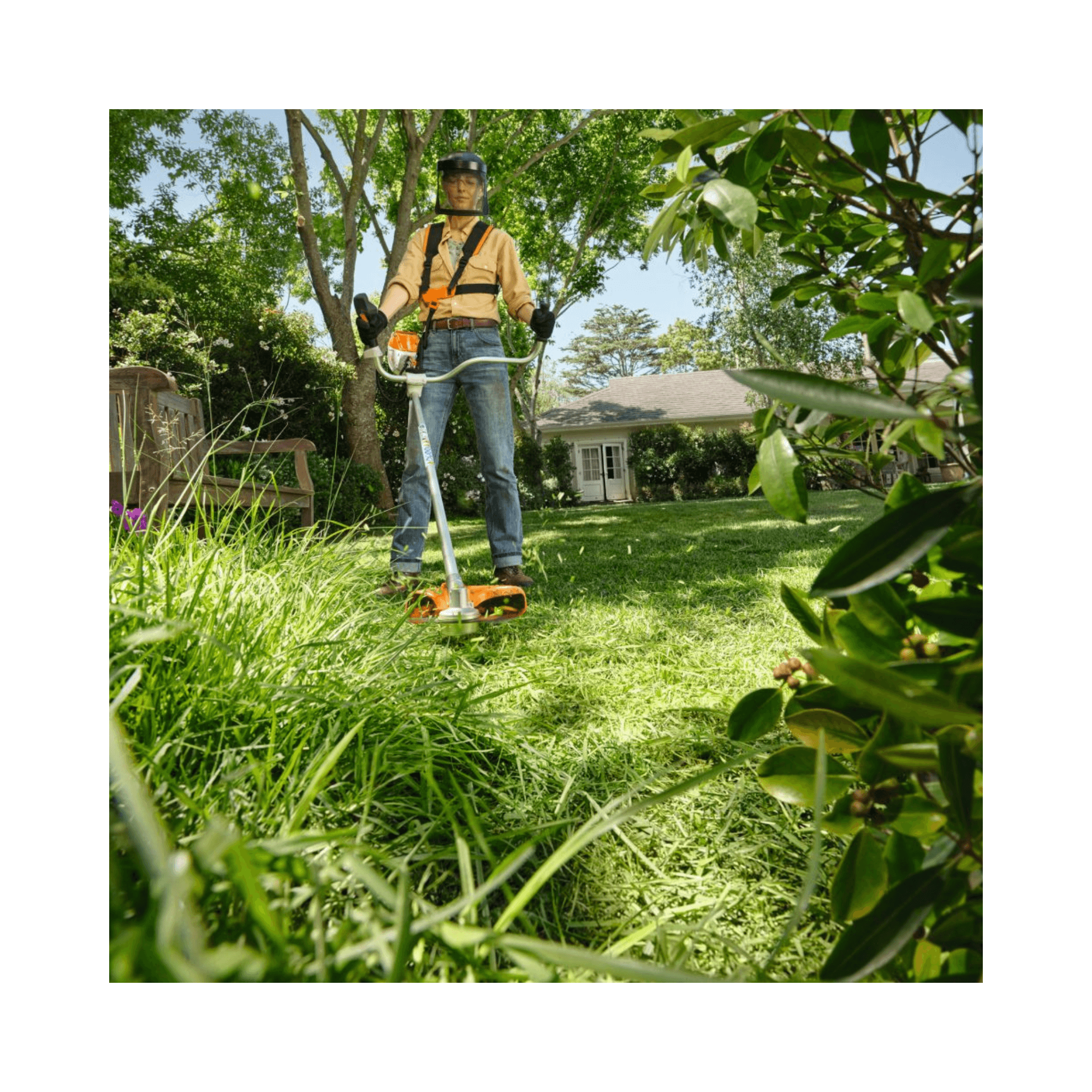 FSA 80 Cordless Trimmer being used for grass trimming in a residential garden.