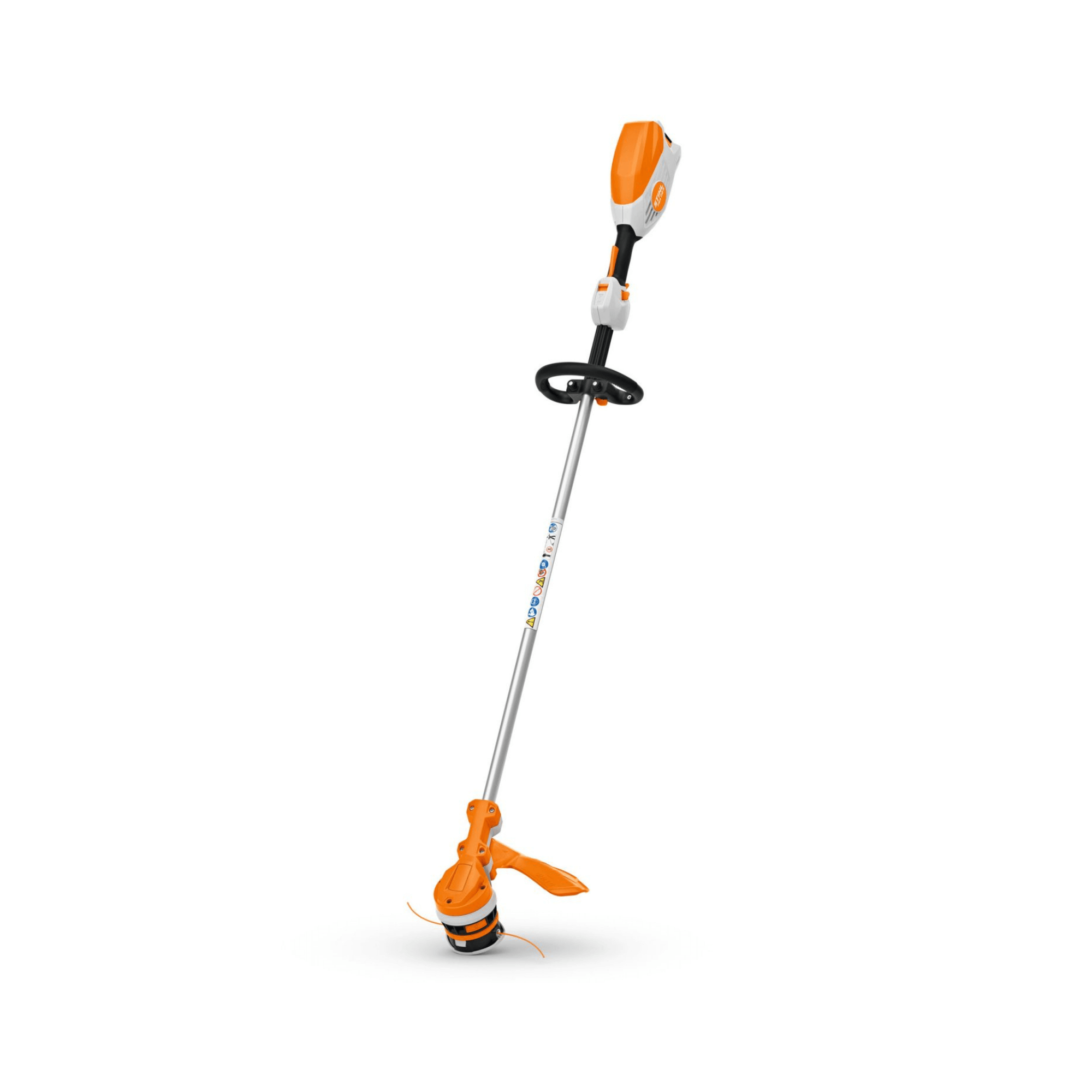 A STIHL FSA 110 R cordless strimmer with an orange and white color scheme, featuring a loop handle and a cutting head at the end.