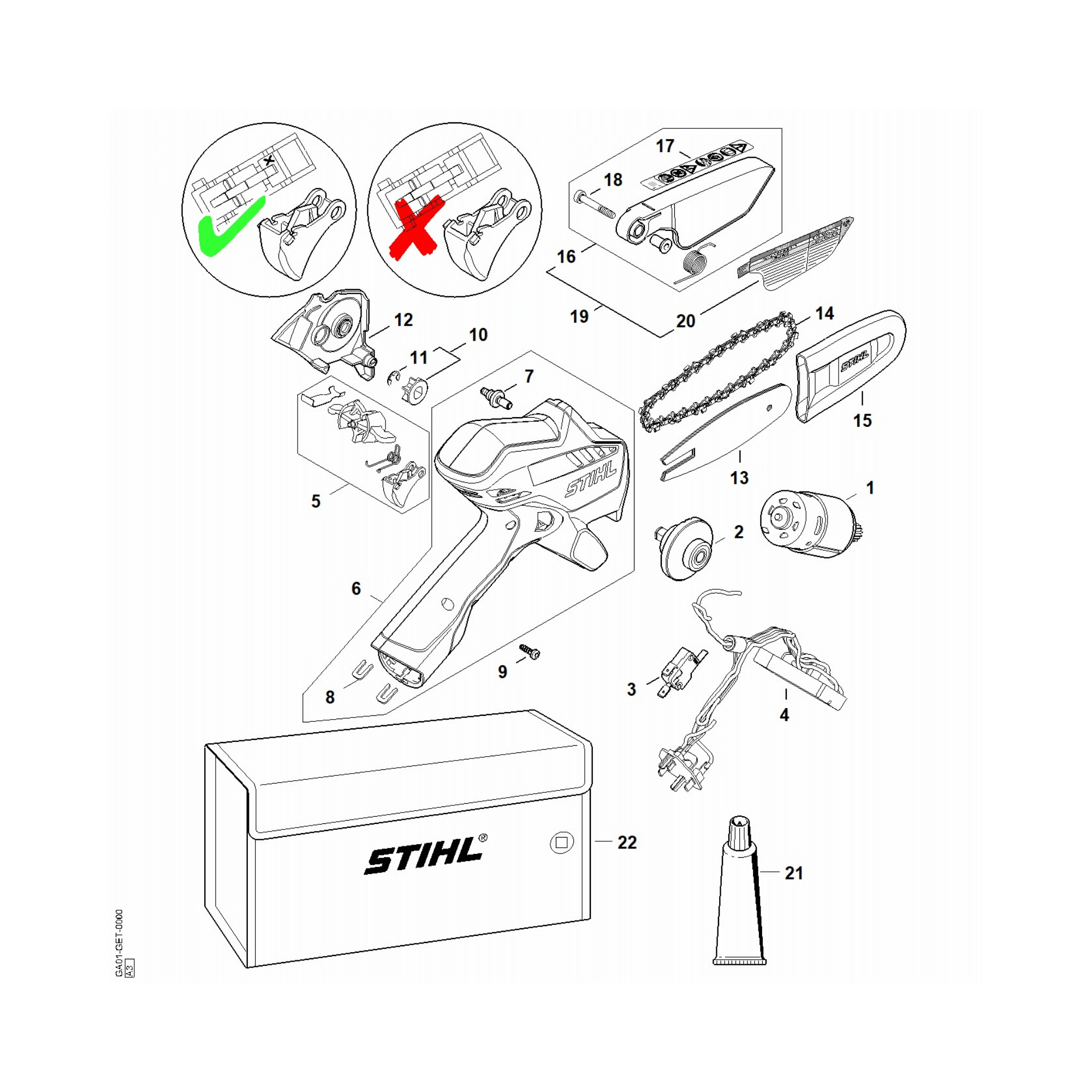 STIHL GTA 26 garden pruner spare parts diagram, showcasing genuine replacement components for maintenance.