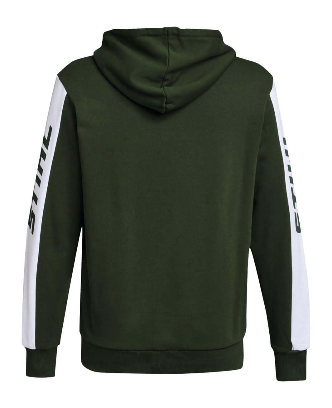 Back view of STIHL Green Colorblock Hoodie featuring logo and vibrant design for tree surgeons.