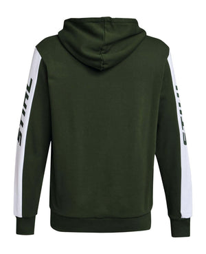 Back view of STIHL Green Colorblock Hoodie featuring logo and vibrant design for tree surgeons.
