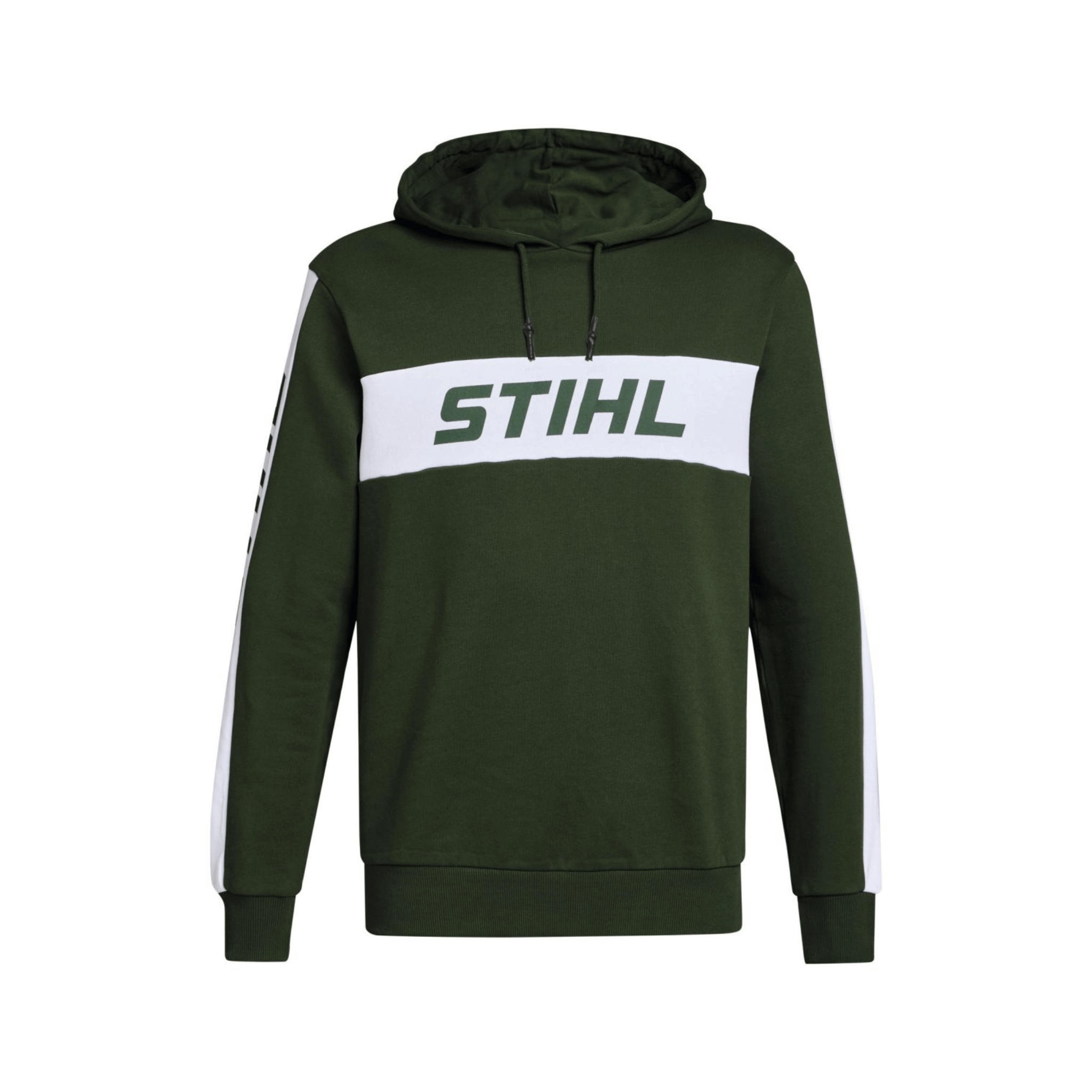STIHL Green Colorblock Hoodie with bold design, ideal for tree surgeons, featuring green and white colorblock pattern.