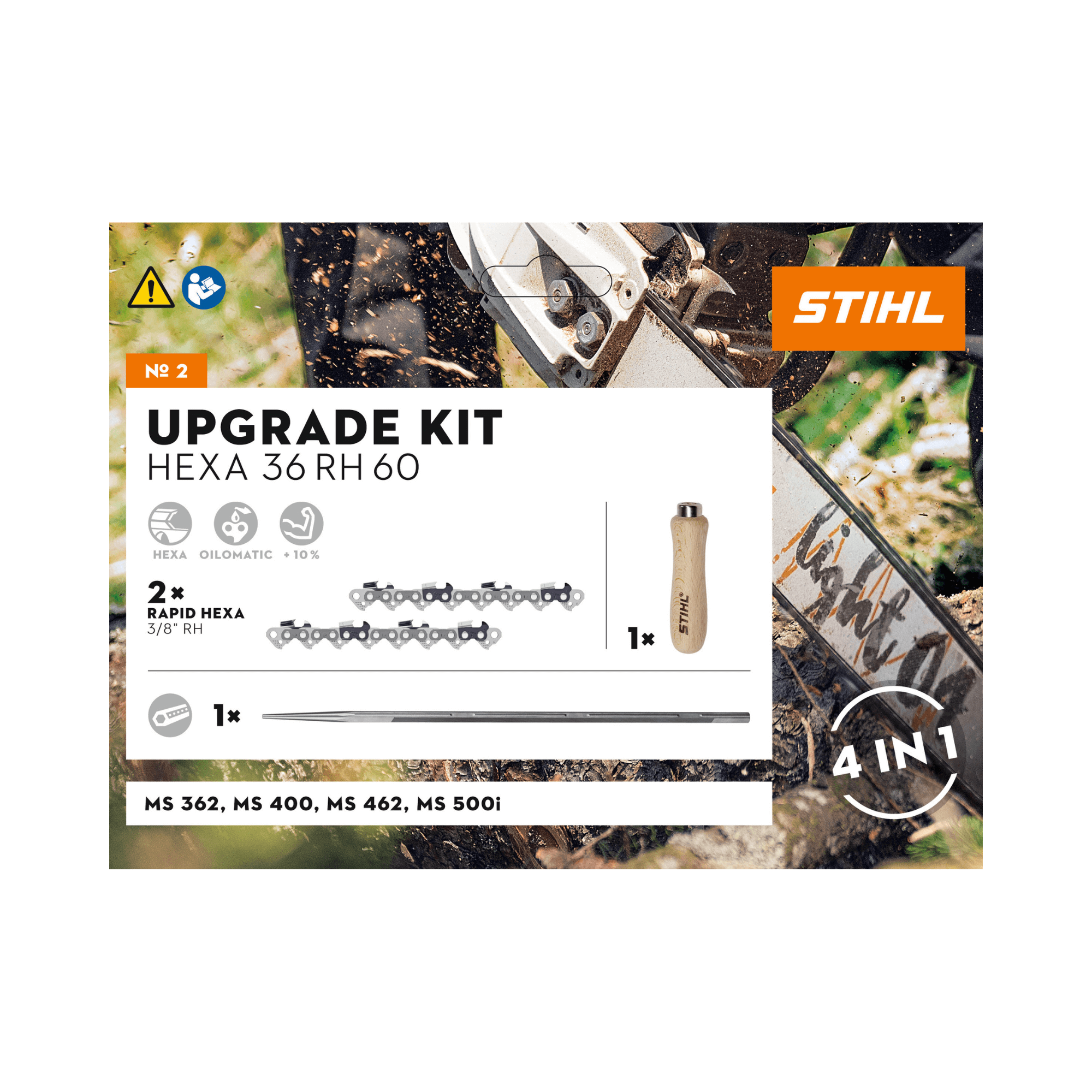 STIHL HEXA Upgrade Kit for chainsaws, includes Rapid Hexa chains, file, and wooden handle for tree surgeons.