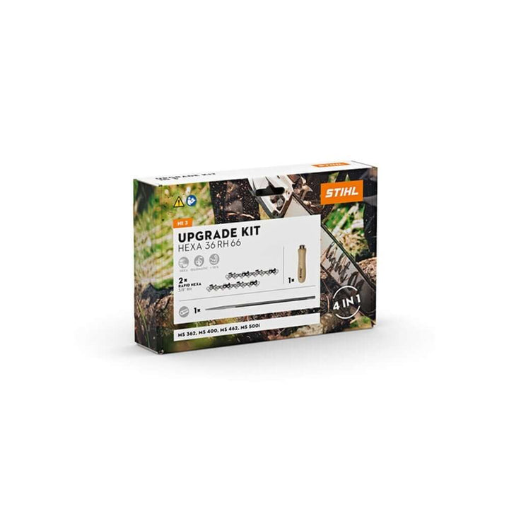 STIHL HEXA Upgrade Kit. Improves chainsaw performance. Includes 2x saw chains, file, and handle. For professional use