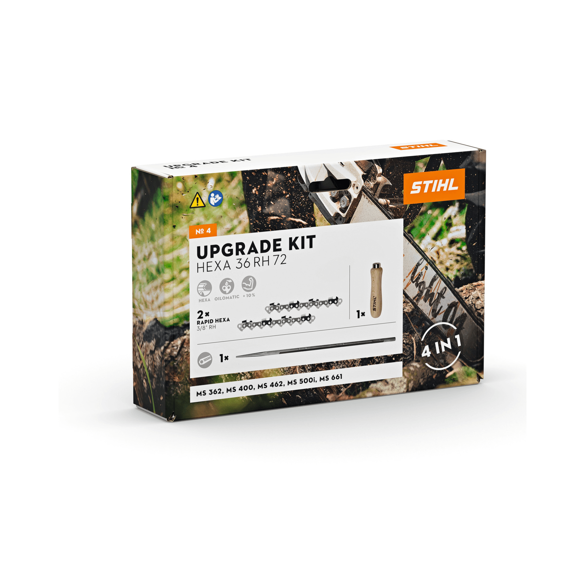 STIHL HEXA Upgrade Kit box featuring Rapid Hexa chains and file handle for enhanced tree surgeon performance.