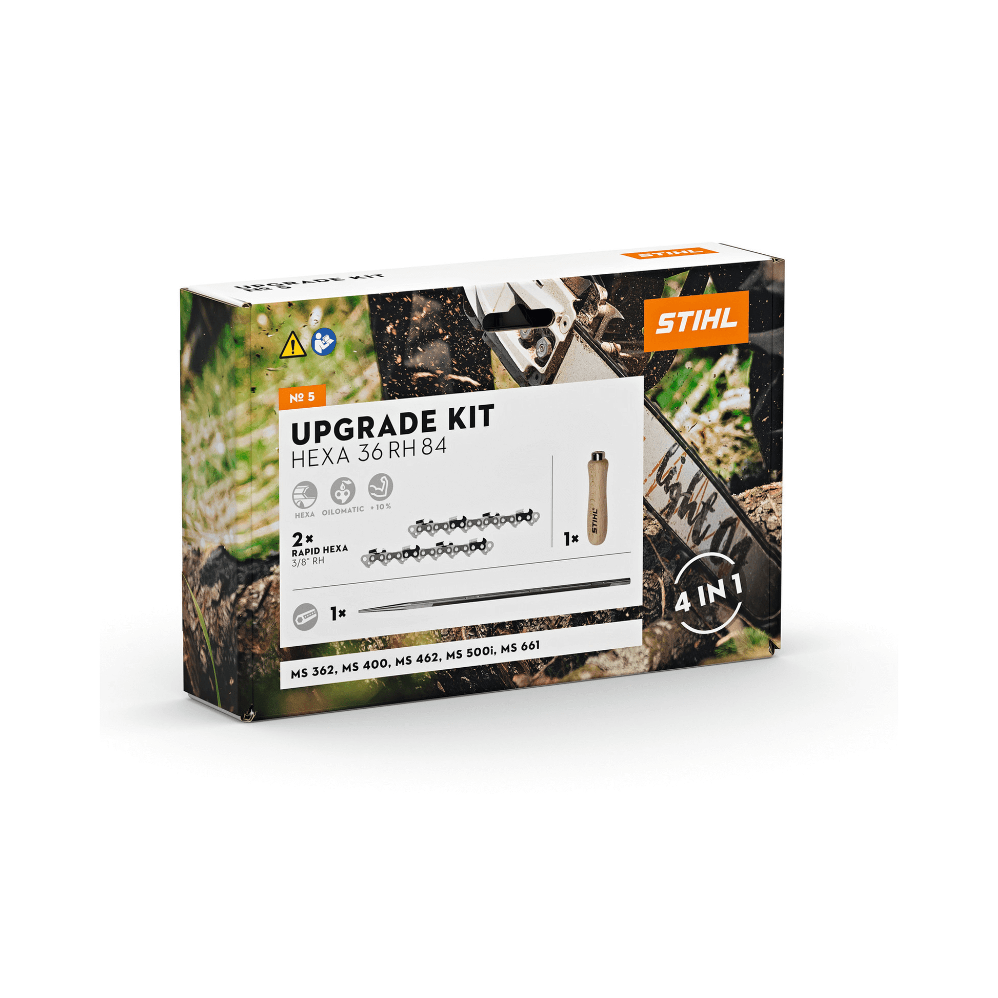 STIHL HEXA Upgrade Kit for enhanced chainsaw performance, includes Rapid Hexa saw chains and a file.