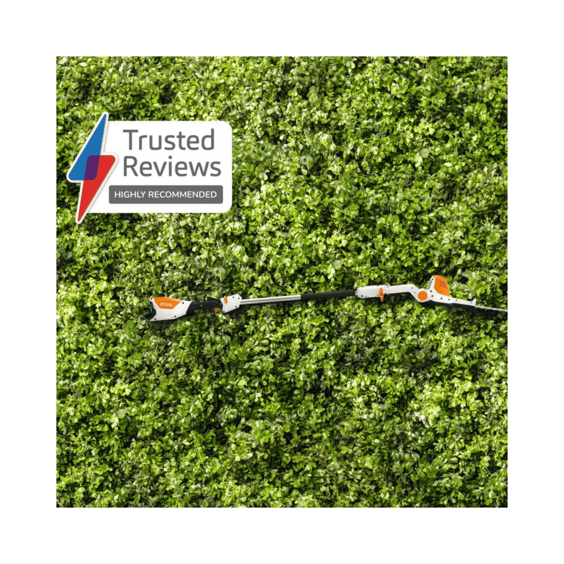 HLA 56 Long Reach Cordless Hedge Trimmer displayed on a lush green hedge with Trusted Reviews badge.