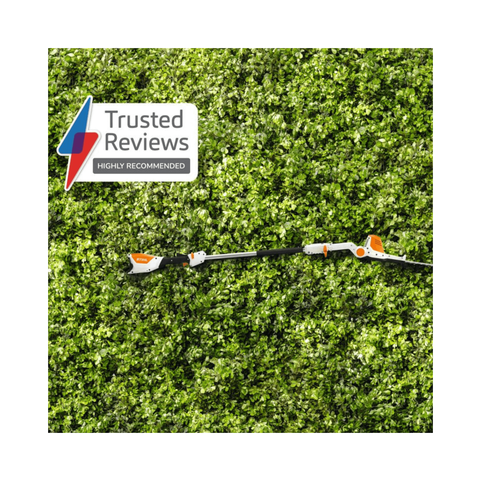 HLA 56 Long Reach Cordless Hedge Trimmer displayed on a lush green hedge with Trusted Reviews badge.