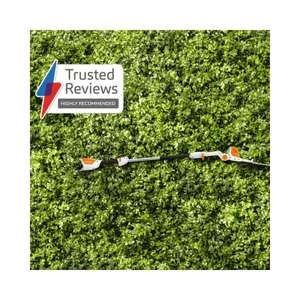 HLA 56 Long Reach Cordless Hedge Trimmer displayed on a lush green hedge with Trusted Reviews badge.