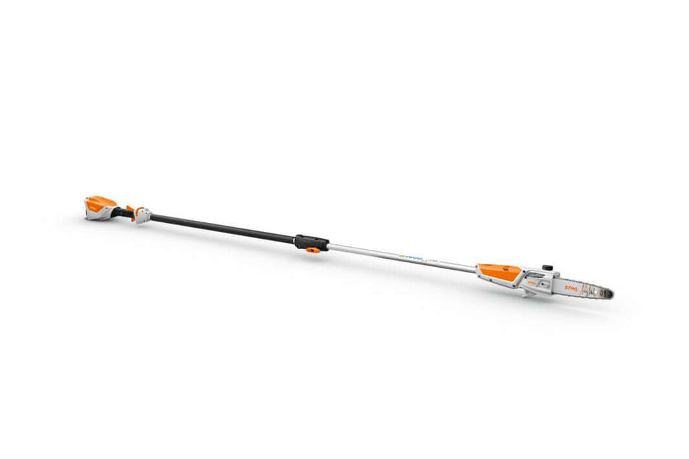 Long-handled gardening tool with orange and black accents on a white background