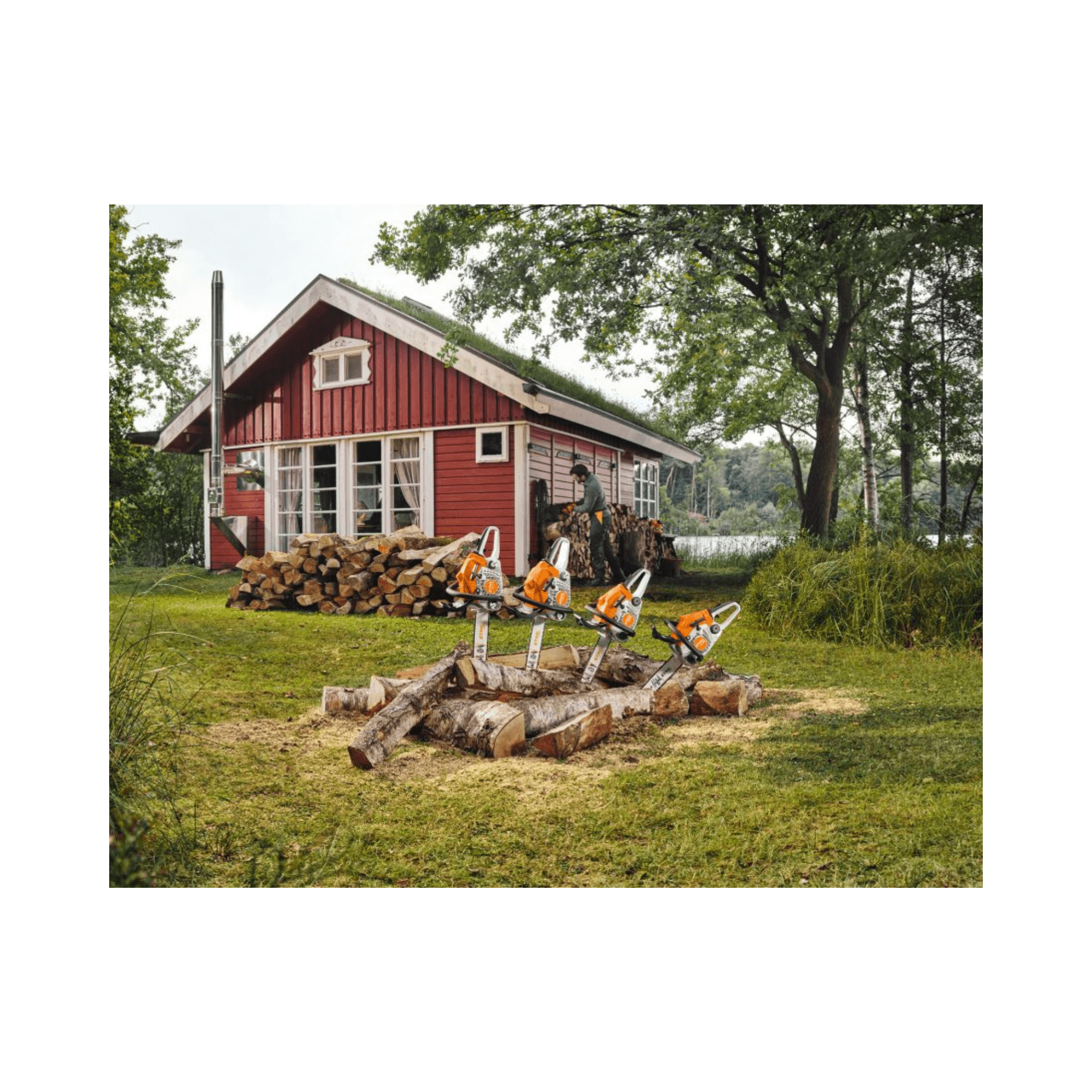 STIHL MS 182 petrol chainsaws on logs in front of a red house, perfect for homeowners and tree surgeons.