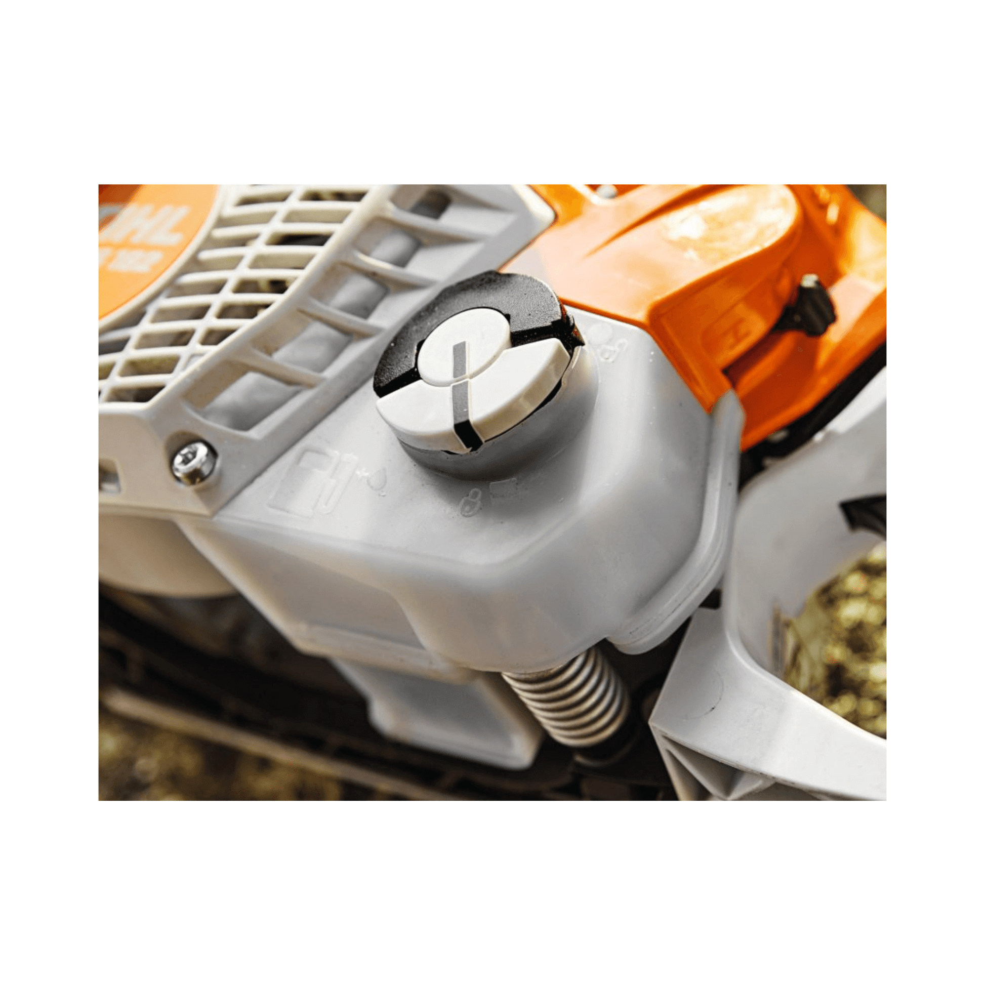 Close-up of the fuel cap on the STIHL MS 182 petrol chainsaw, designed for easy fueling and maintenance.