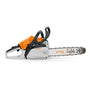 STIHL MS 182 petrol chainsaw. Compact, orange and white, with a visible chain and bar. Used for cutting wood and firewood