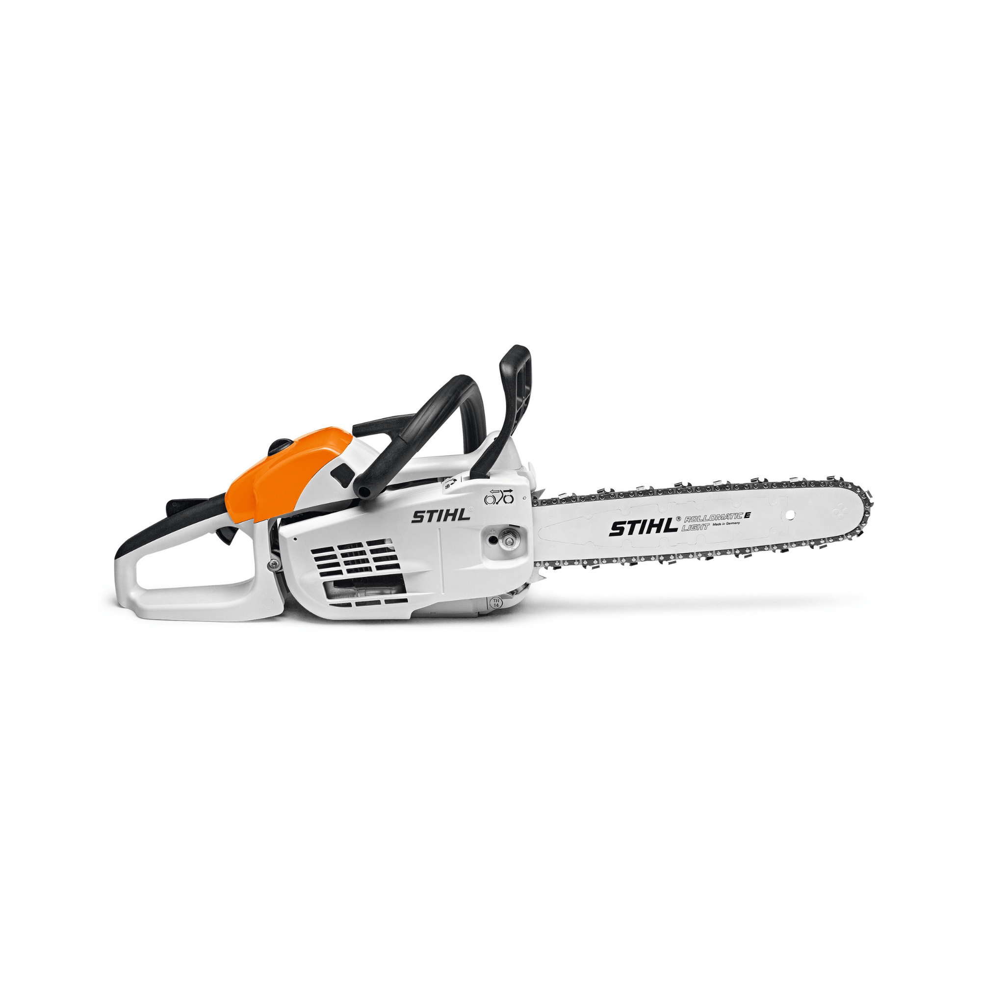 STIHL MS 201 C-M Petrol Chainsaw side view showcasing its lightweight and powerful design for professional use.