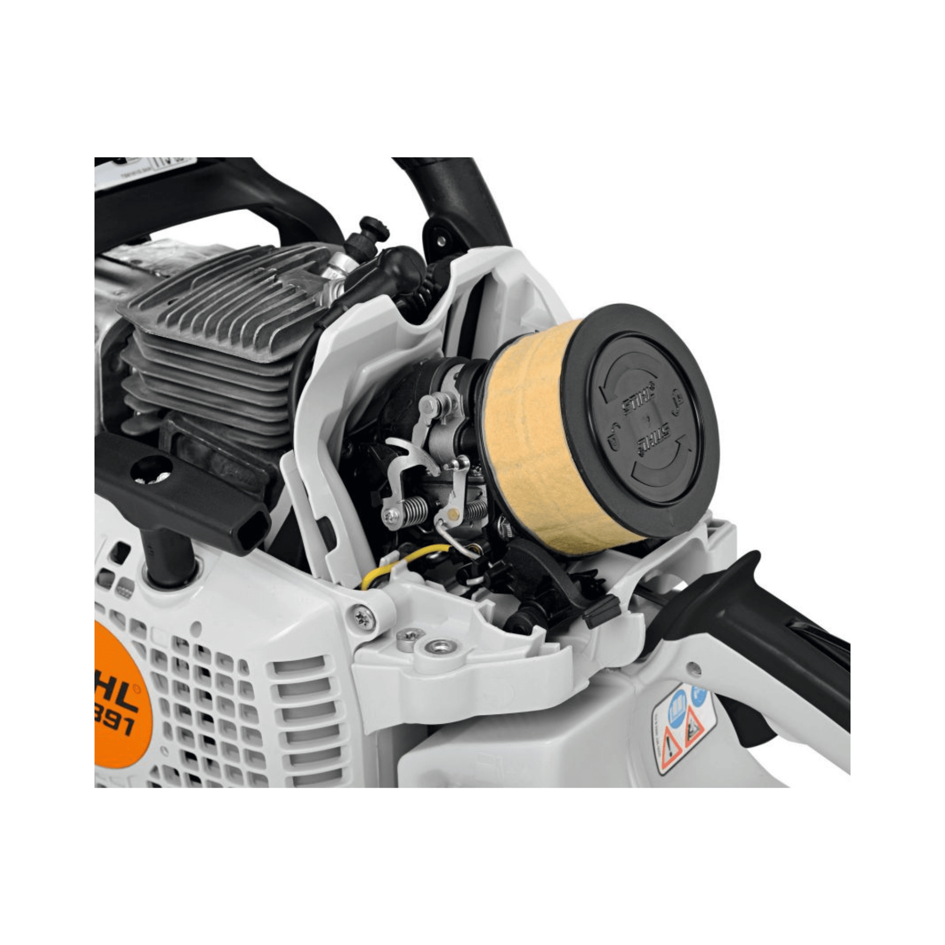 Close-up of a chainsaw engine with a focus on the filter and brand logo.