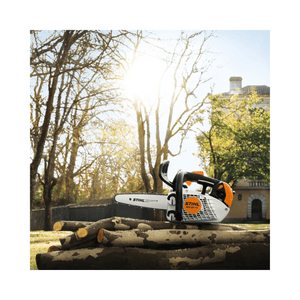 STIHL MS 151 TC-E petrol chainsaw on logs outdoors, ideal for tree surgeons and arborists.