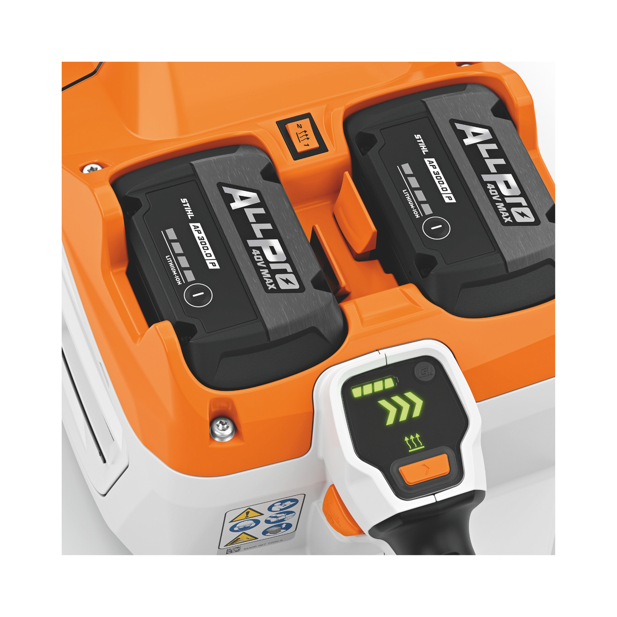 Close-up of MSA 600 C-O Cordless Chainsaw battery and control panel showing charge level.
