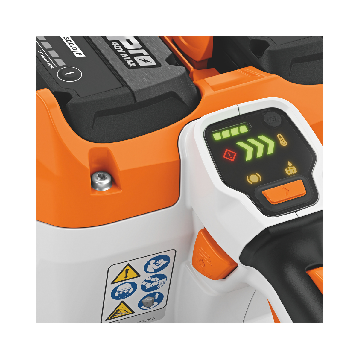 MSA 600 C-O Cordless Chainsaw control panel with battery indicators and safety symbols.