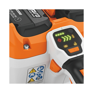 MSA 600 C-O Cordless Chainsaw control panel with battery indicators and safety symbols.