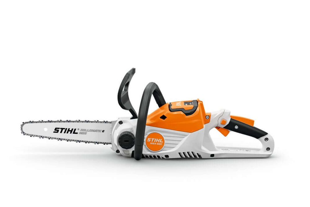 STIHL MSA 60 C-B cordless chainsaw 12" designed for tree surgeons, lightweight and powerful for pruning and cutting.