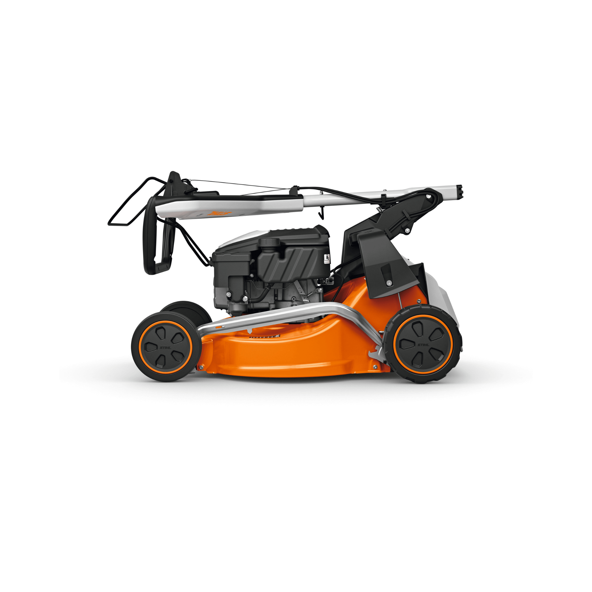 STIHL RM 248 T Self-Propelled Petrol Lawn Mower side view, ideal for effortless lawn care in medium gardens.