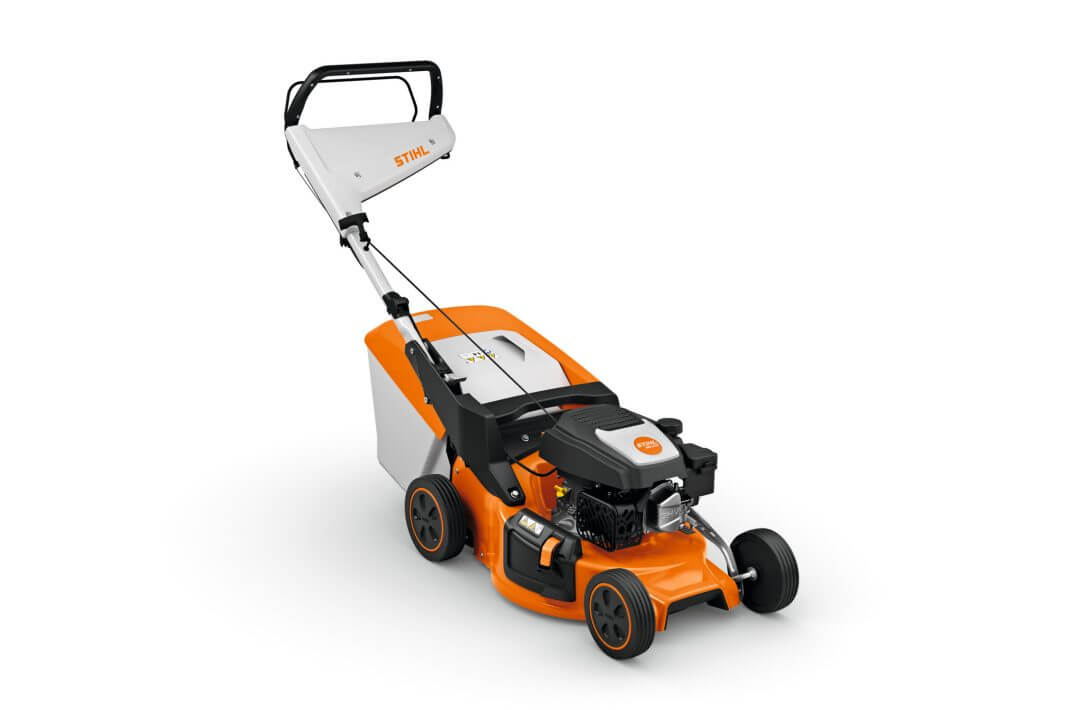 STIHL RM 248 petrol lawn mower with 46 cm cutting width, designed for medium-sized gardens, lightweight and easy to maneuver.