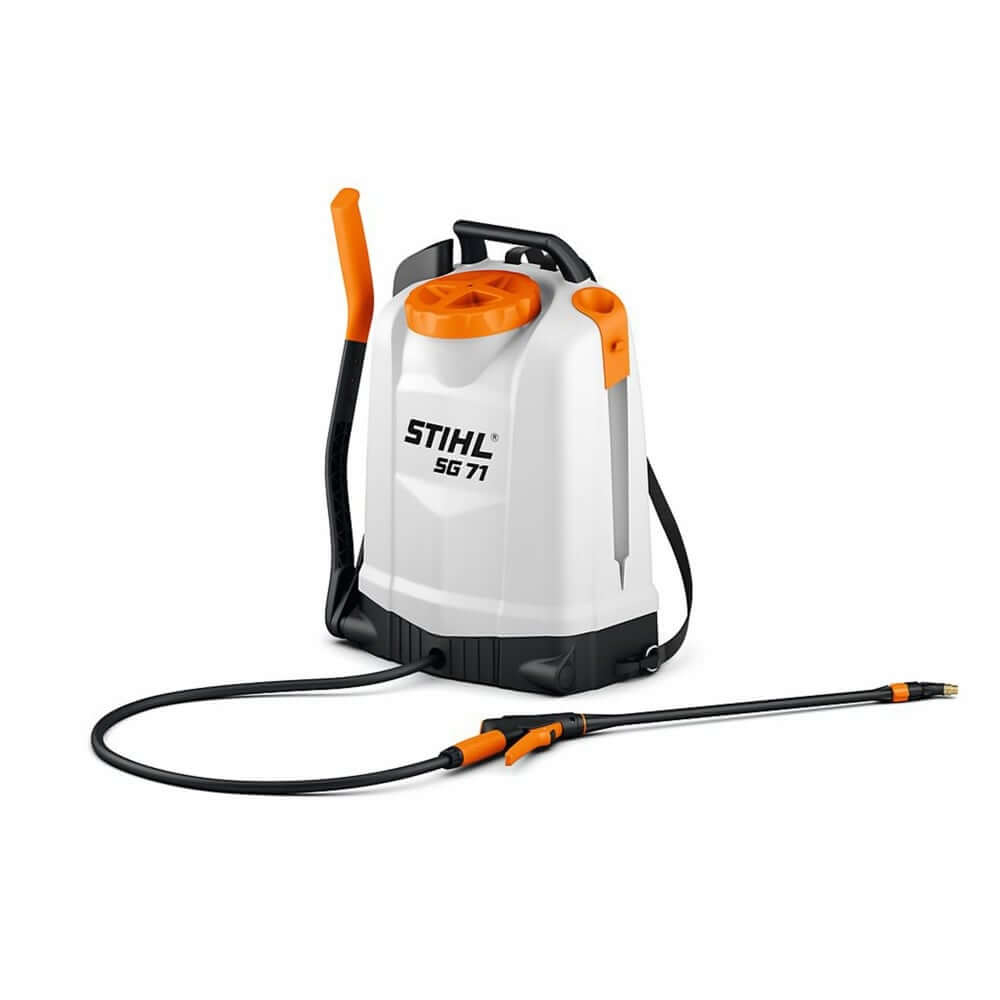 A STIHL SG 71 18L backpack sprayer with an orange, black, and white color scheme, including a hose and backpack harness.