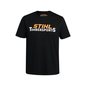 Black STIHL TIMBERSPORTS® logo t-shirt for tree surgeons and timber sports enthusiasts.