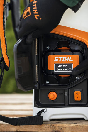 STIHL SGA 85 Cordless Backpack Sprayer battery indicator close-up for tree surgeons.