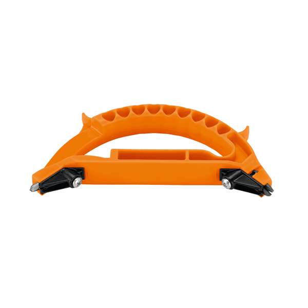 An orange STIHL 3-in-1 Shears Secateurs Axe Sharpening Tool with black components, designed for sharpening various gardening tools.