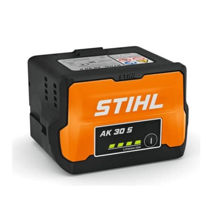 STIHL AK 30 S Battery in orange and black color, showing the branding and AK 30 S model number, with an LED charge level indicator.