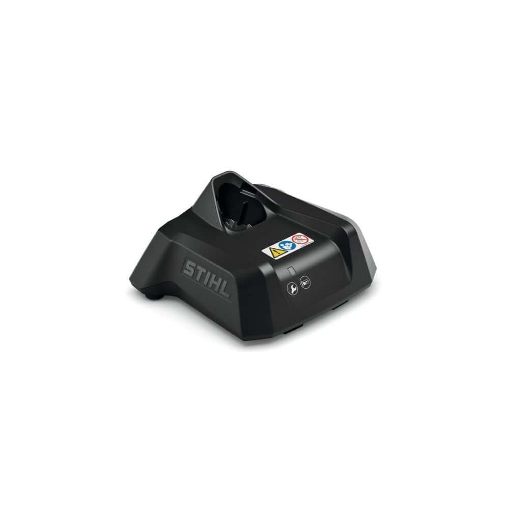 STIHL AL 5 High-Speed Battery Charger. Compact, black charger with LED indicator. Fast charges AS System batteries like AS 2 in 50 minutes. Wall-mountable design.