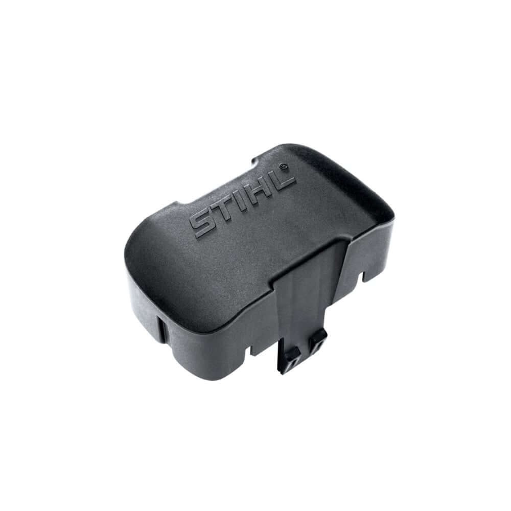 STIHL AP Battery Slot Cover. Black, durable plastic. Protects cordless tool's battery shaft from dust and dirt during storage