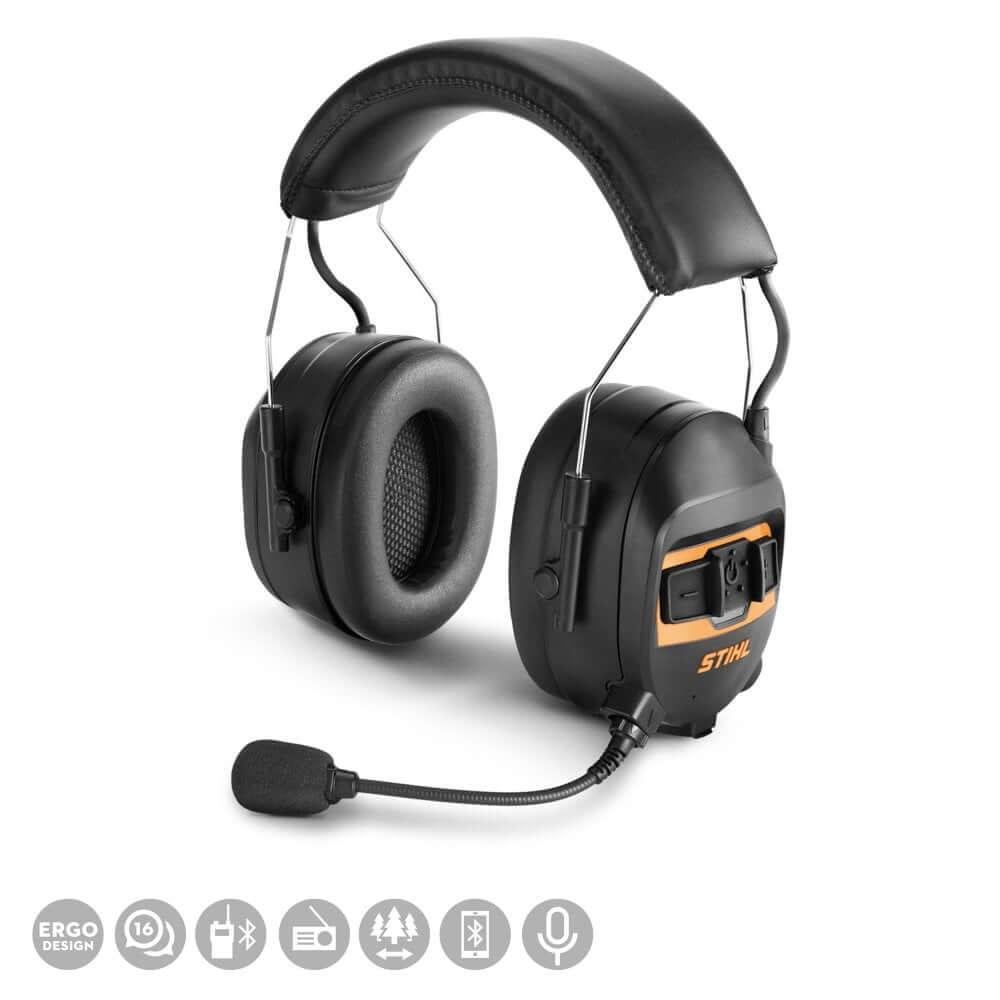 STIHL Advance ProCOM Ear Defenders headset with comfortable headband and noise-cancelling microphone for forestry communication.