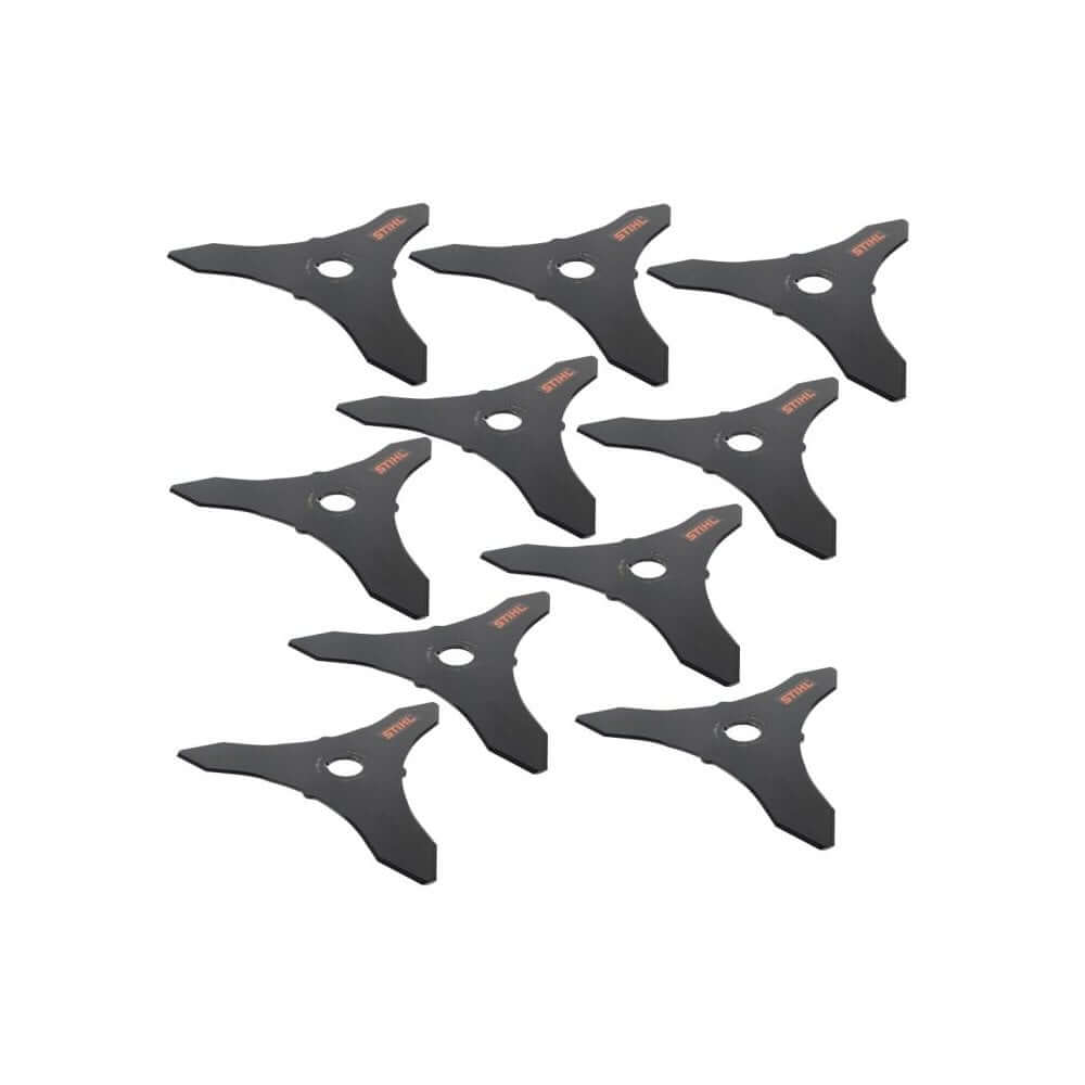 STIHL 250mm Brush Knife (10-pack). Durable steel blade for clearing tough grass, scrub, and hedges with brushcutters. Essential for professional landscaping