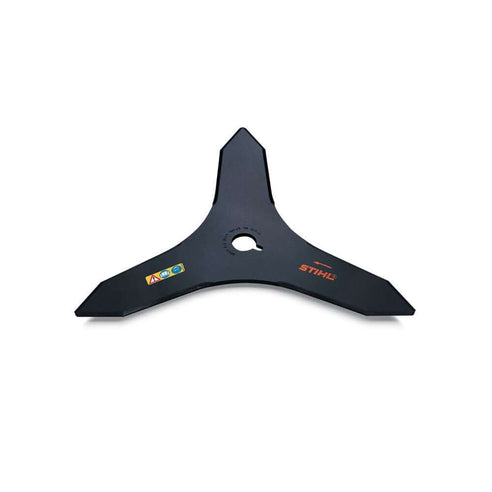 A black tri-blade brush cutter knife with the STIHL logo on it.
