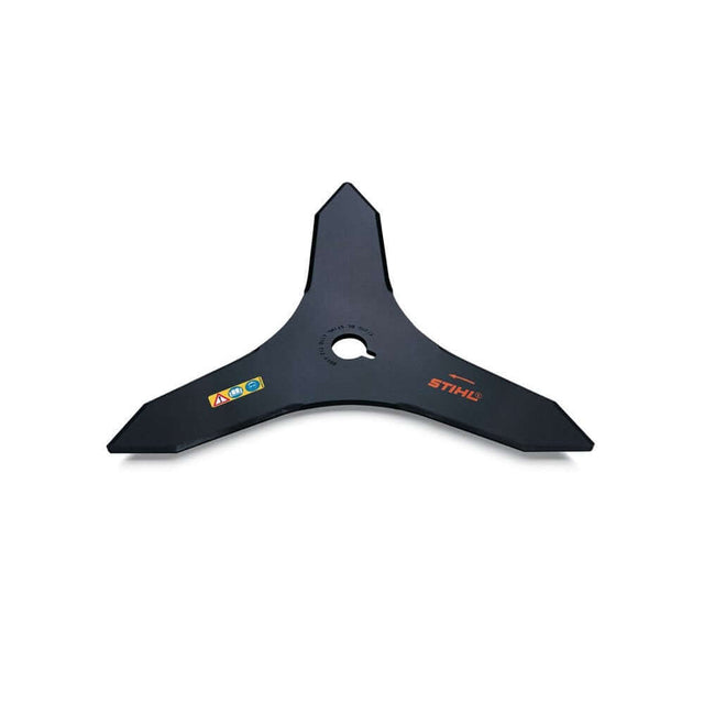 A black tri-blade brush cutter knife with the STIHL logo on it.