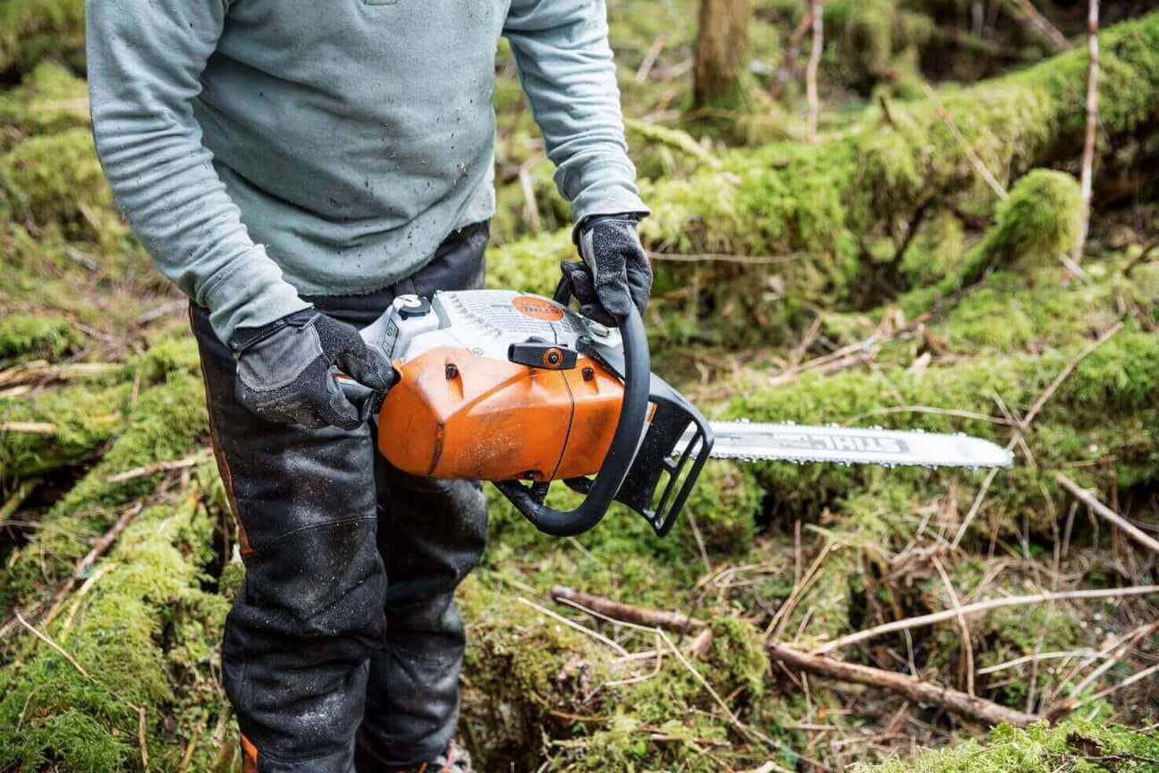 Person holding a chainsaw in a mossy forest, ready for tree cutting and forestry work.