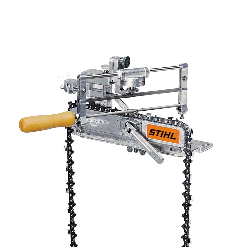 STIHL FG2 chainsaw chain filing tool. Metal, workbench-mountable guide for precise sharpening. Ensures optimal chain performance.
