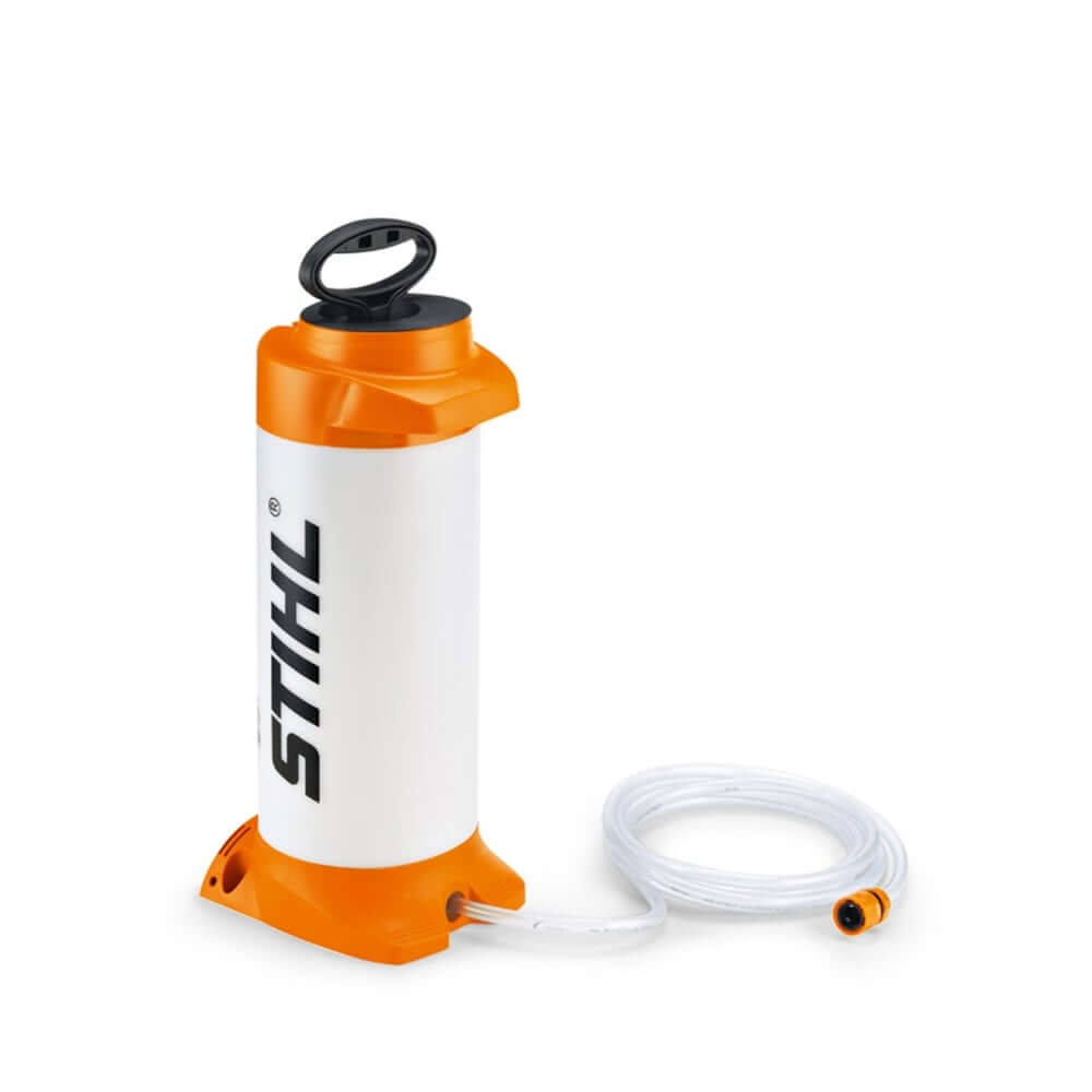 STIHL cut-off saw water container. Pressurized tank, likely plastic, with a hose connection. Used to suppress dust during concrete or stone cutting. Portable accessory for STIHL saws